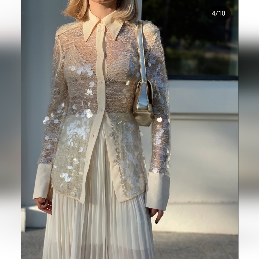 ZARA SEMI SHEER SEQUIN TOP SHIRT Size S